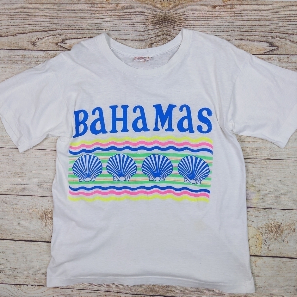 VTG 80's Graphic Bahamas White Neon Beach
